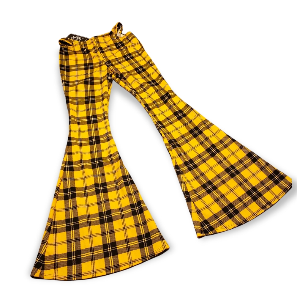 Just Polly pants flare bottom plaid yellow black